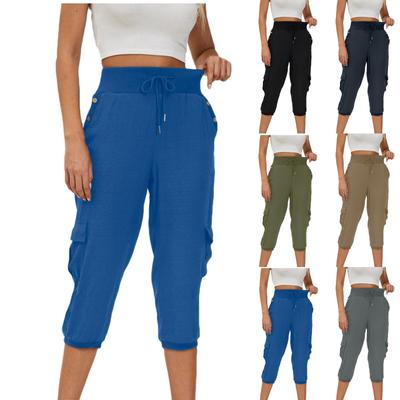 Kadın Elastik Bel 3/4 Cepli Pantolon Pamuk Keten Rahat Gevşek Katı Yoga koşucu pantolonu