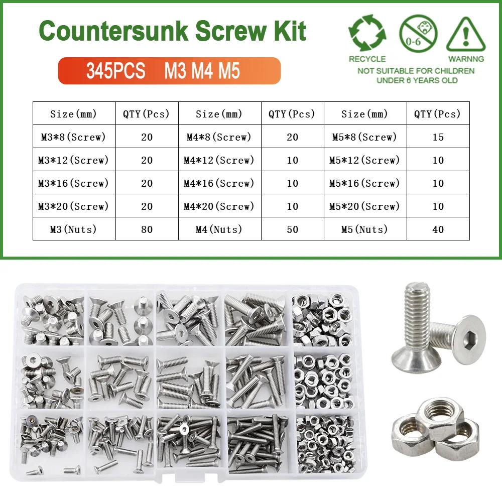 M2 M3 M4 M5 M6 304 Stainless Steel Screw Bolt Nut Washer Kit Countersunk Machine Screws Gasket Hex Allen Nuts Set Assortment