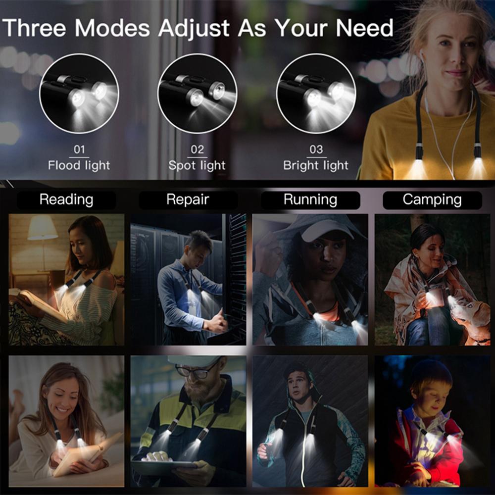 D2 USB Reading Lamp Night Light Neck Book Light Rechargeable HandsFree Durable LED for Knitting Camping Repairing Work Lighting