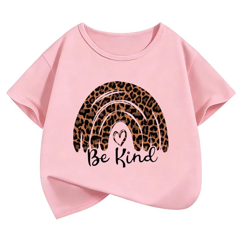 Be Kind Rainbow Heart Leopard Print Funny T Shirts Y2k Kids Childrens Tshirt Boys Girls Summer Spring Casual Top Tee Shirt