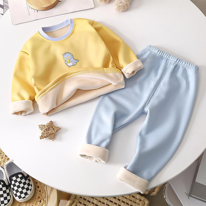 Combinaison d'hiver chaude à manches longues pour enfants, doublée en polaire, motif dessin animé, vêtements d'intérieur