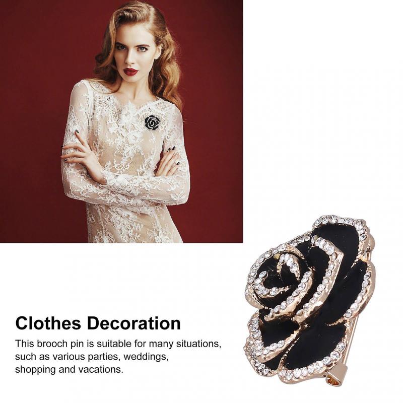 Brooch Pin Camellia Shape Elegant Exquisite Rhinestone Embellished Brooch for Women Clothes Silk Scarf Decoration GiftBlack 
