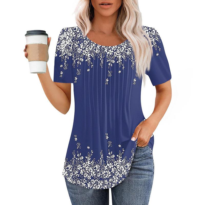 Neues plissee-Rundhals-Kurzarm-T-Shirt Damen-Oberteil Damenbekleidung