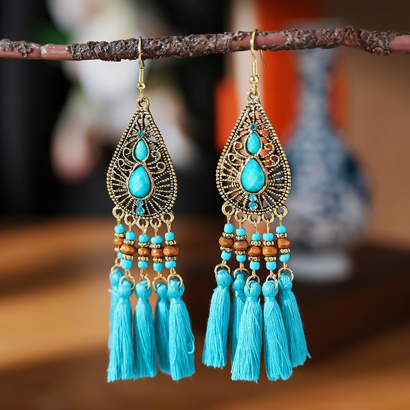 Bohemian Ethnic Style Tassel Earrings for Women Retro Waterdrop Round Fan Shaped Handmade Beaded Dangle Earring Lady Jewelry