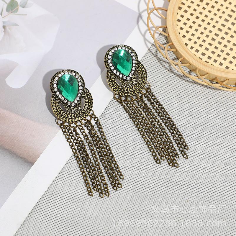 European Retro Long Tassel Rhinestone Drop Earrings, Bohemian Ethnic Style