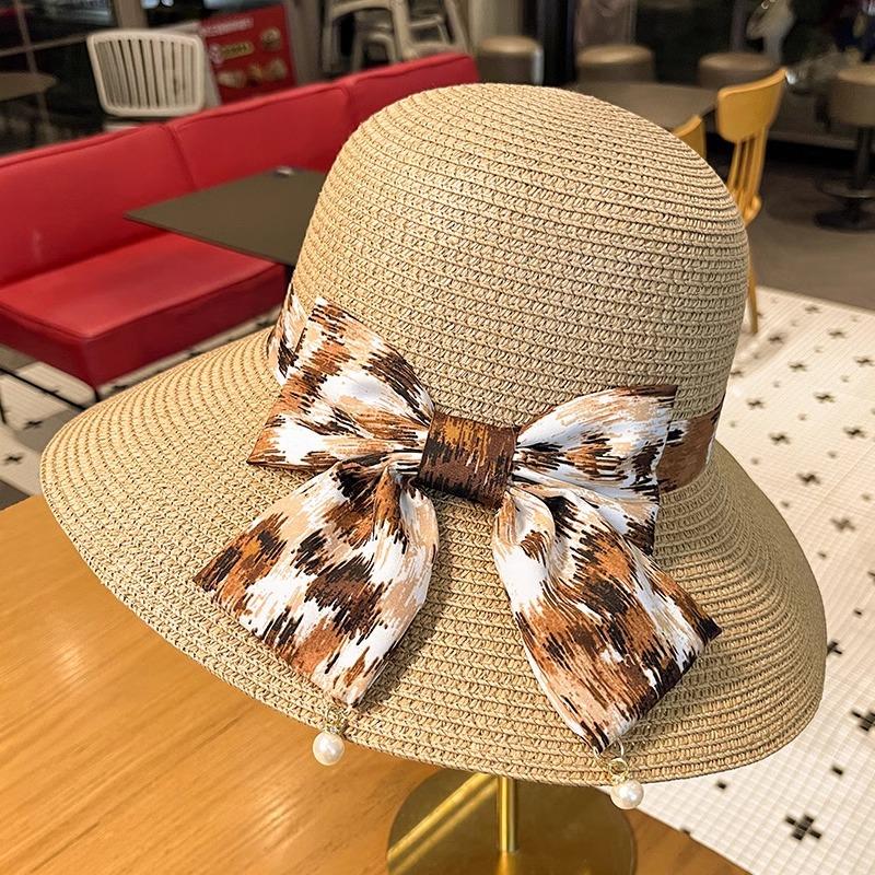 Straw Hat Lady Summer New Bow Streamer Fisherman Hat Fashion Versatile Wide Brim Sun Hat