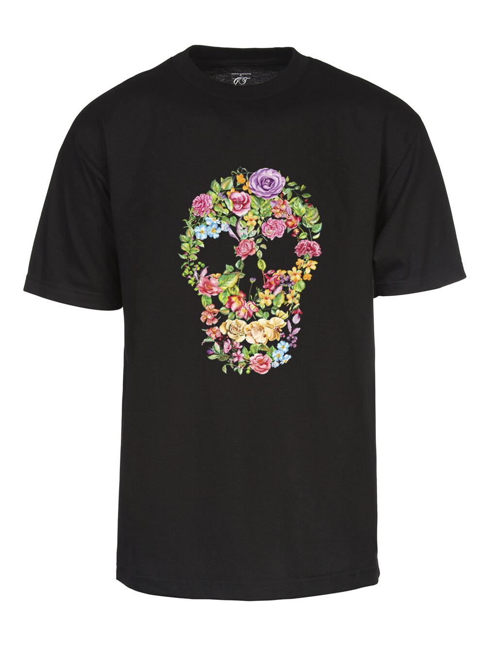 Mens Flower Skull Bone T-Shirt - Floral Rose Dia de Los Muertos Shirt S
