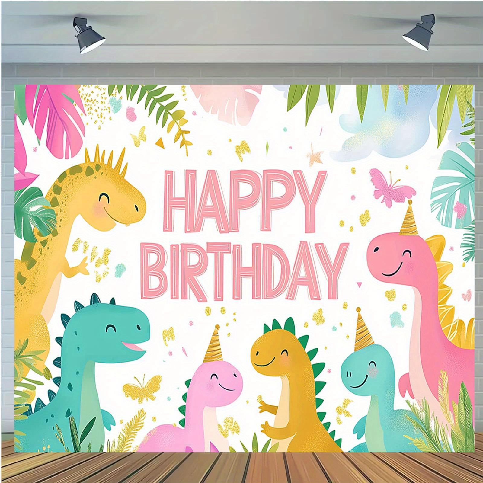 One-piece Tyrannosaurus Rex dinosaur-themed birthday banner - pink dinosaur pattern combined with colorful tropical decorations 130x150cm