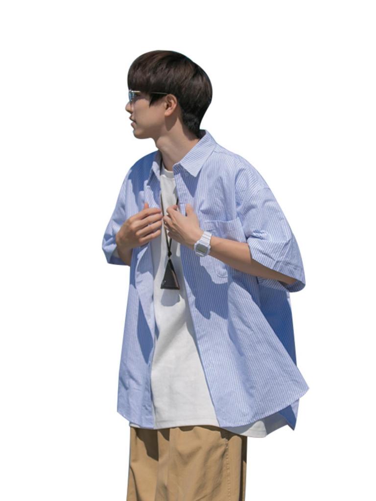 Men's Japanese Striped Short-Sleeve Lapel Shirt - Summer Cityboy Casual Versatile Trendy Brand Jacket