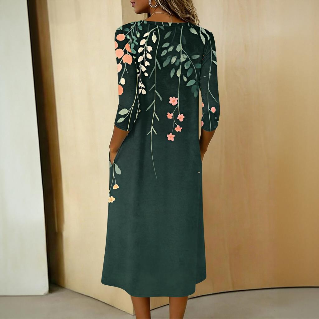 Women V Neck Floral Print Midi Dress with 3 4 Sleeve Pockets Casual Loose Fit A Line Summer Dress