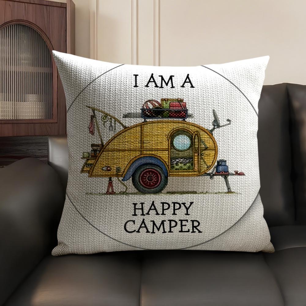 Happy Camping RV Camper Car Cushion Cover Natural Linen Organic Fabric DoubleSided Printing Sofa Home Decor Gift Pillow Case