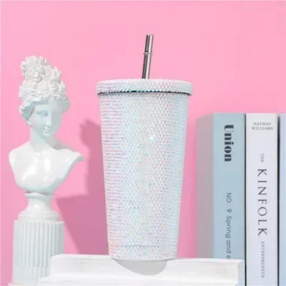 750ml Reusable Straw Cup Double Layer Thermos Cups Women Glitter Cup Water Bottle Gift With Lid Rhinestone Stainless Steel