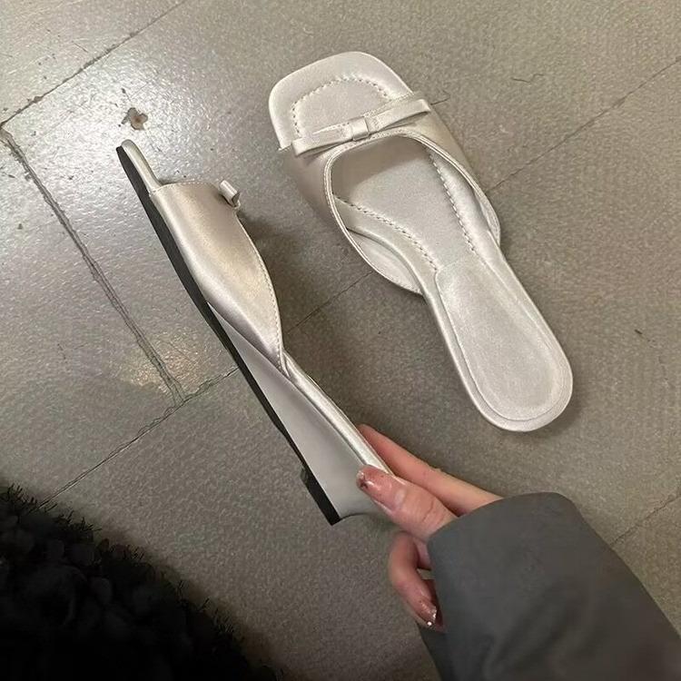 Fashion Silver Satin Flat Slides | Square - Toe Bow - Decorated Casual Daily Shoes