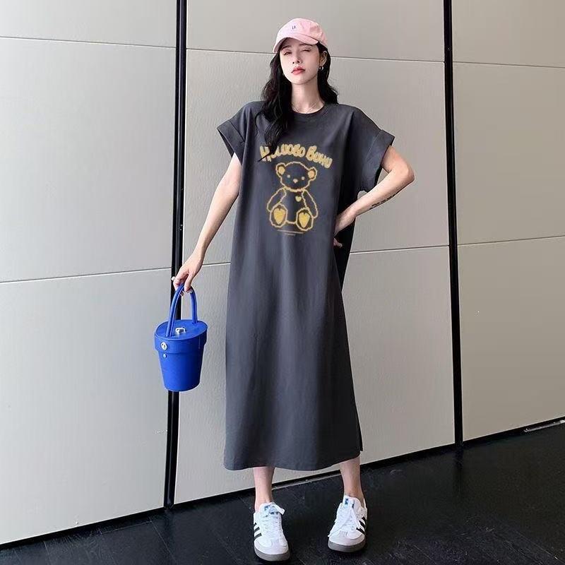 Fun Cartoon Short-sleeved T-shirt Dress for Women, Slimming Long Dress, Knee-length Dress