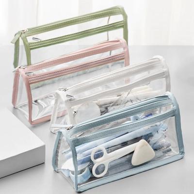 Stifttasche, doppellagig, transparent, wasserdicht, schmutzabweisend, große Kapazität, glatter Reißverschluss, Bleistift, Briefpapier, Etui, Studentenbedarf