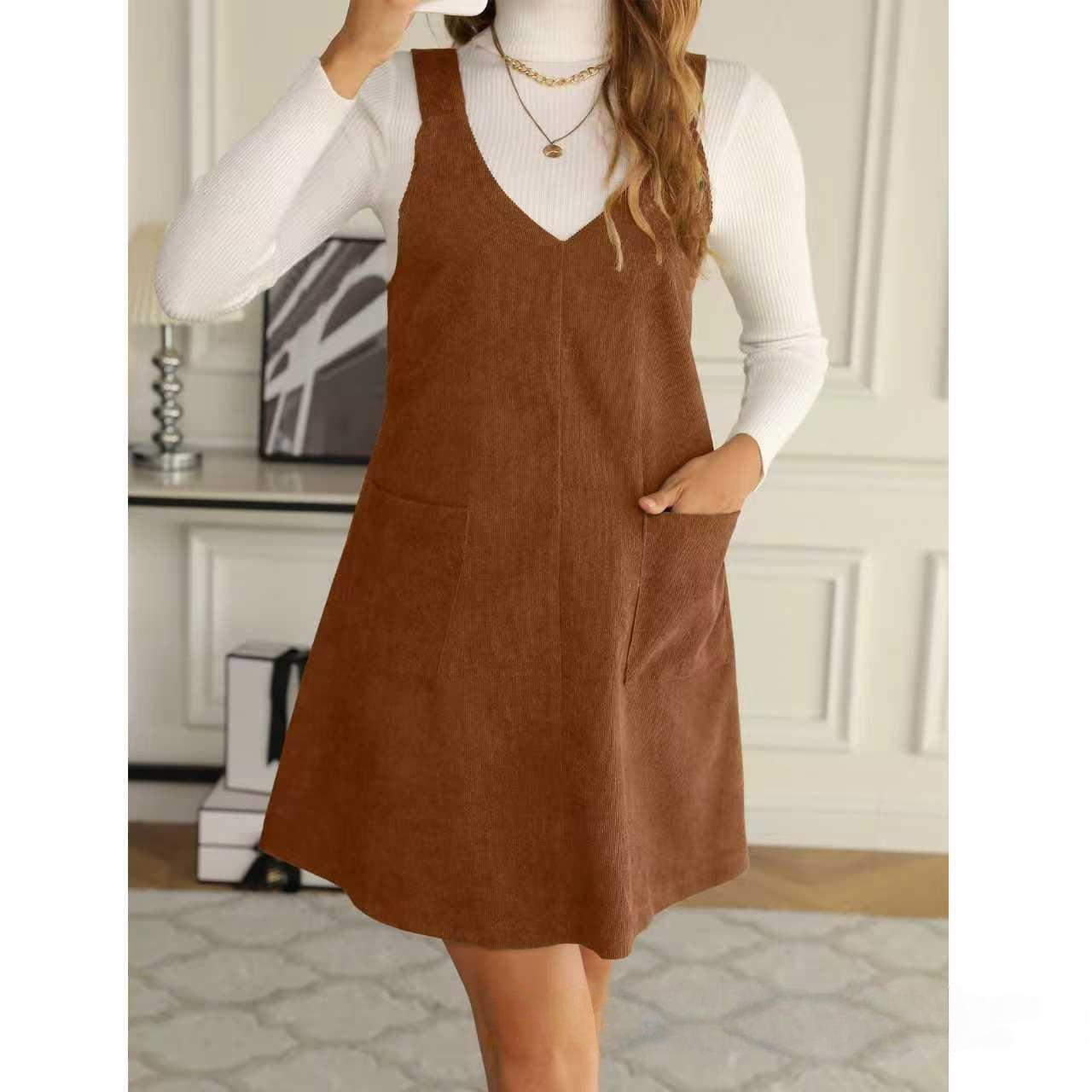 

2026 Модная вельветовая юбка-сарафан с V-образным вырезом, стройнящая, с карманом - Женская мода 2XL темно-коричневого