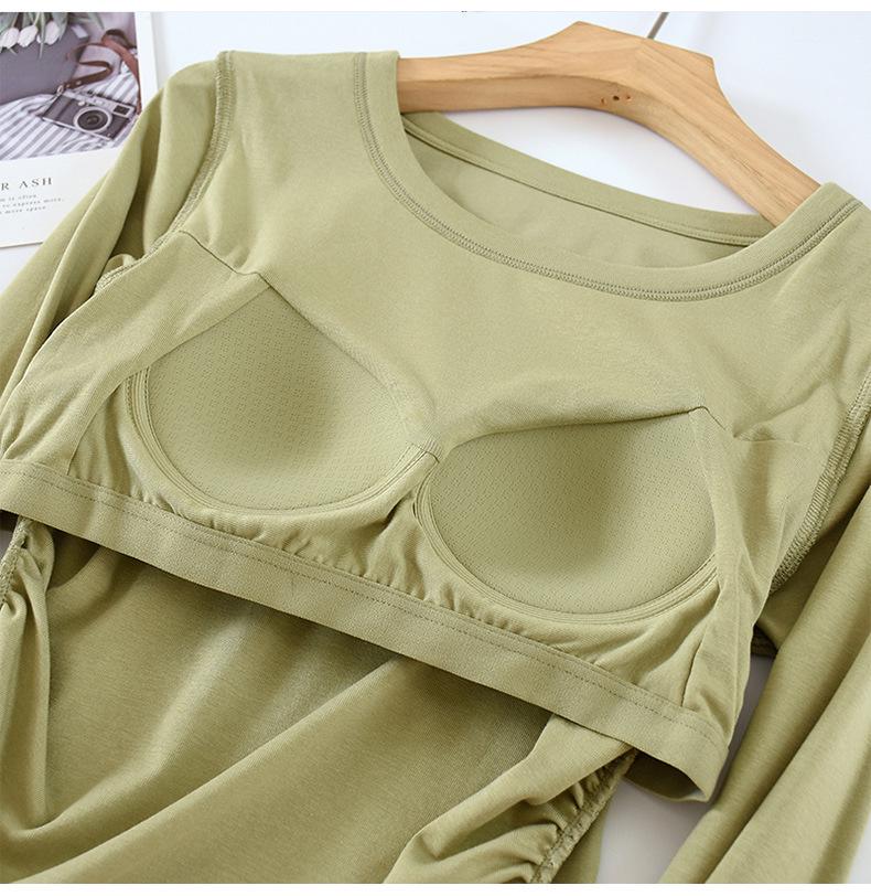 Chest-Padded Slim Fit Women's Top: Round Neck, Long Sleeve, Fishtail Hem, No Bra Needed, Autumn/Winter Style.