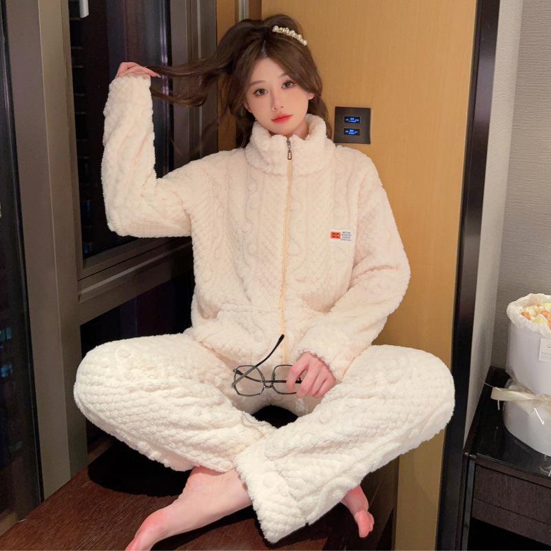 Women's Long-Haired Jacquard Pajamas - Zippered, Solid Color, Long Sleeve Coral Fleece Cardigan (Fits Up to 230 lbs).