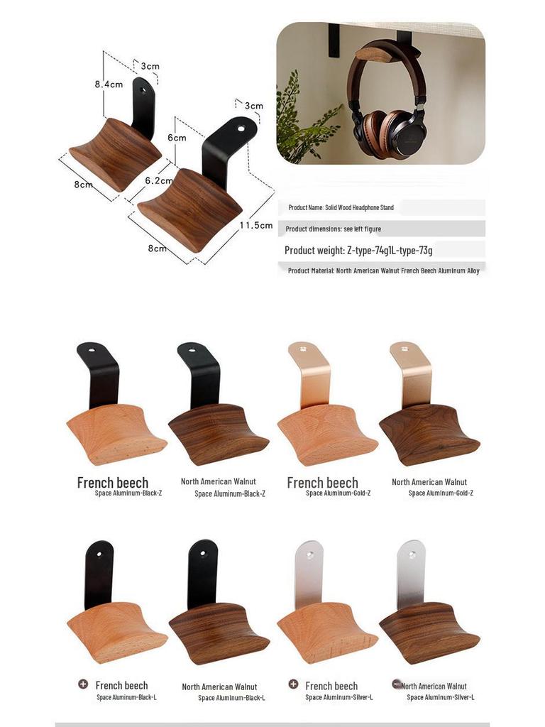 Solid Black Walnut Over-Ear Headphone Stand - Simple Wooden Display Hanger