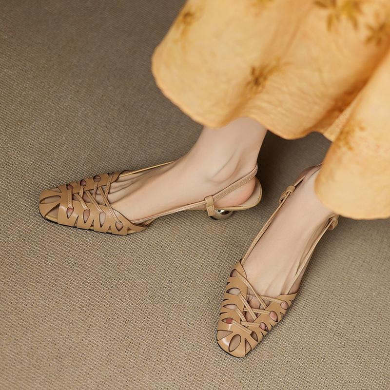 Fashion NEW Summer Women Sandals Cover Toe Strange Heel Shoes Genuine Leather Shoes Women Hollow Weave Ankle Strap Shoes Modern Sandals