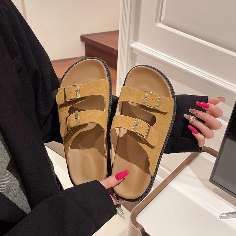 2024 Summer Women's Two Buckle Cork Slippers Cow Suede Leather Flats Sandals For Women Retro Fashion Garden Mule Clog Slides
