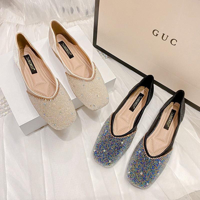 Neue Schlichte Temperamentvolle Flache Schuhe Flacher Ausschnitt Eckige Spitze Strass Erbsenschuhe Lässige Flacher Absatz Einzelne Schuhe Damen