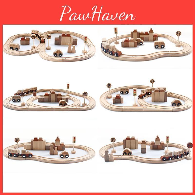 Wooden Fun City Transportation Train Track Assembly Building Blocks Kid Set Toy