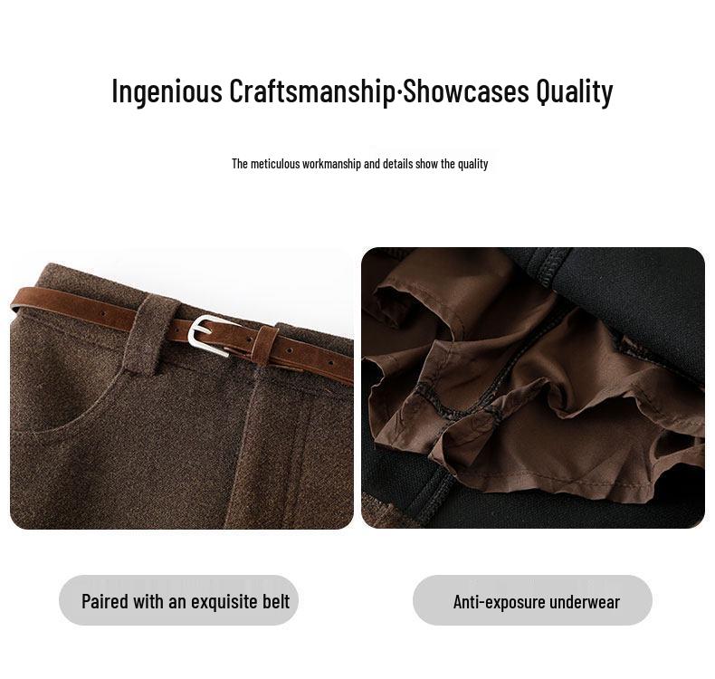 Plus Size Coffee Woolen Pencil Skirt for Women - High Waist, Slimming, A-line, Short Skirt for Spring & Autumn