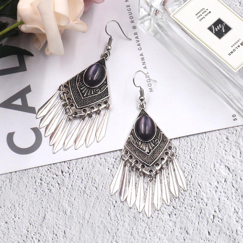 GemChic Women's New Vintage Rhomboid Natural Stone Long Tassel Fringe Earrings Ethnic Fashion Hook Earrings Birthday Christmas Jewelry Gift