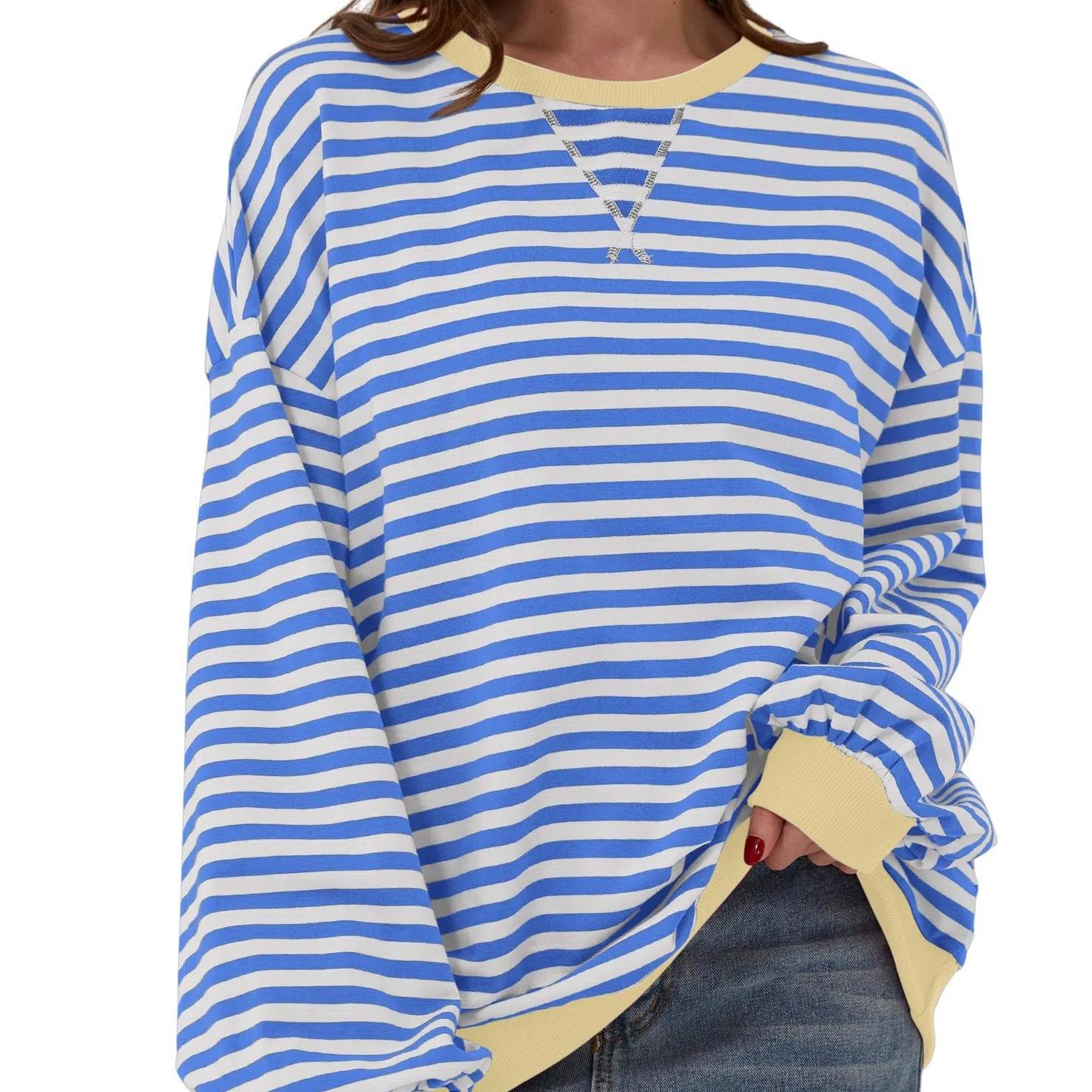 

Oversized Sweatshirt for Women Spring Crew Neck Striped Long Sleeve Shirts Hoodies Preppy Top Y2K Outfits Casual Round Neck Pullover T-Shirt XL світло-синій колір