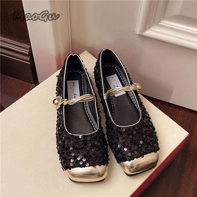 French Glitter Bling Mid Heel Pumps Women's Fashion Slip-on Footwear Comfortable Office Ladies Mary Janes Buckle Strap Casual