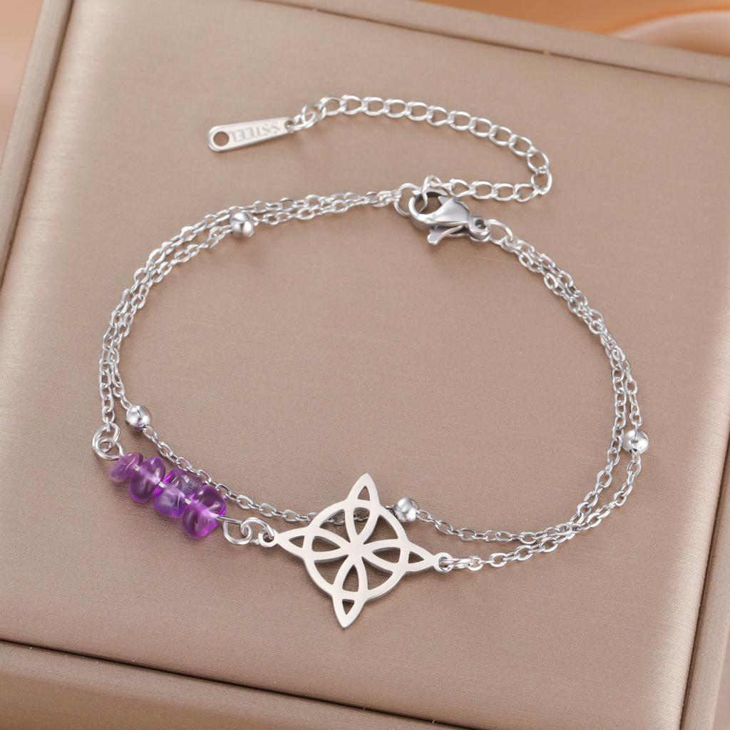 Lila Kristall Hexenknoten Anhänger Armband Damen Edelstahl Doppelschicht Perlenkette Amulett Hexerei Schmuck Geschenk