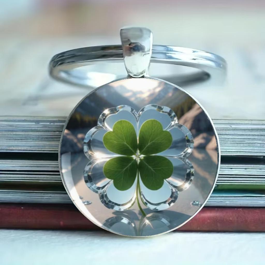 Round Alloy Keychain Pendant with Metal Key Ring and Four Leaf Clover Pattern Suitable for Daily Use and Gift Giving