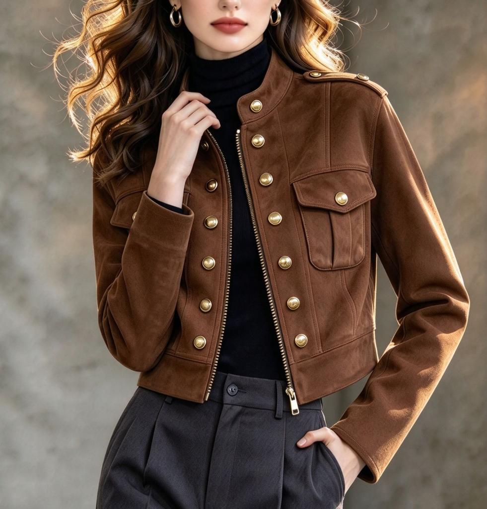 Vintage Suede Short Jacket Women's Maillard Stand-Up Collar Heavy Industry Gold Button Tooling Jacket