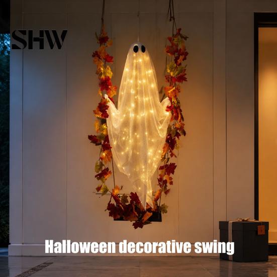Geheimnisvolle Feiertagsfensterdekorationen Schwingender Geist Außen Dekoration, Große Halloween Hänge mit Ahornblatt Spukbaum Schmuck Ranken Lichter