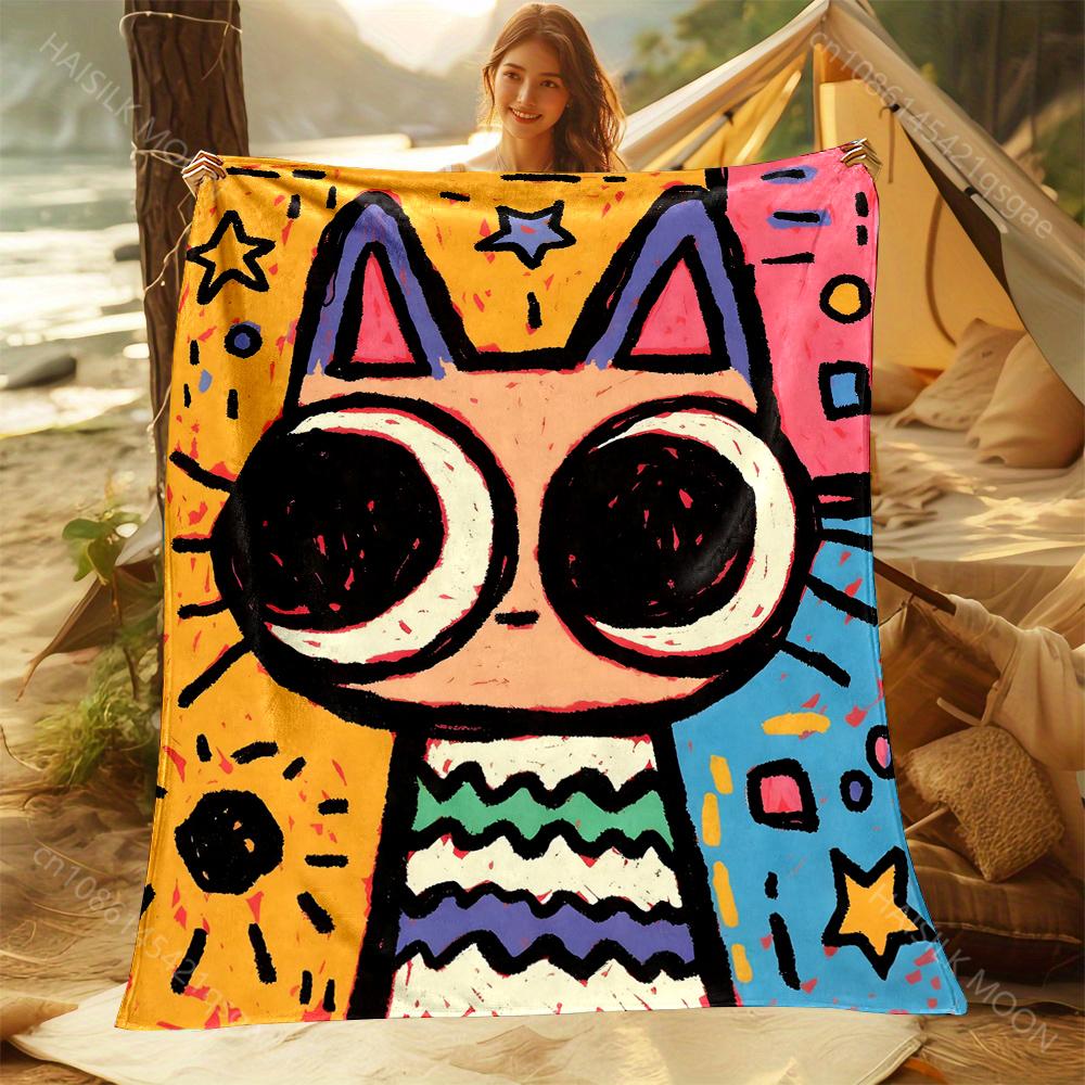 1PC Colorful Cartoon Cat Starry Background Print Adult Children Warm Blankets Home Travel Car Soft Comfortable Luxury Gifts
