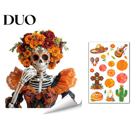 Easy Install Window Pavement Day of The Dead Clings, Halloween Double-Sided Skull Sticker, Ethnic Pattern Wall Art Colorful Flower Skeleton