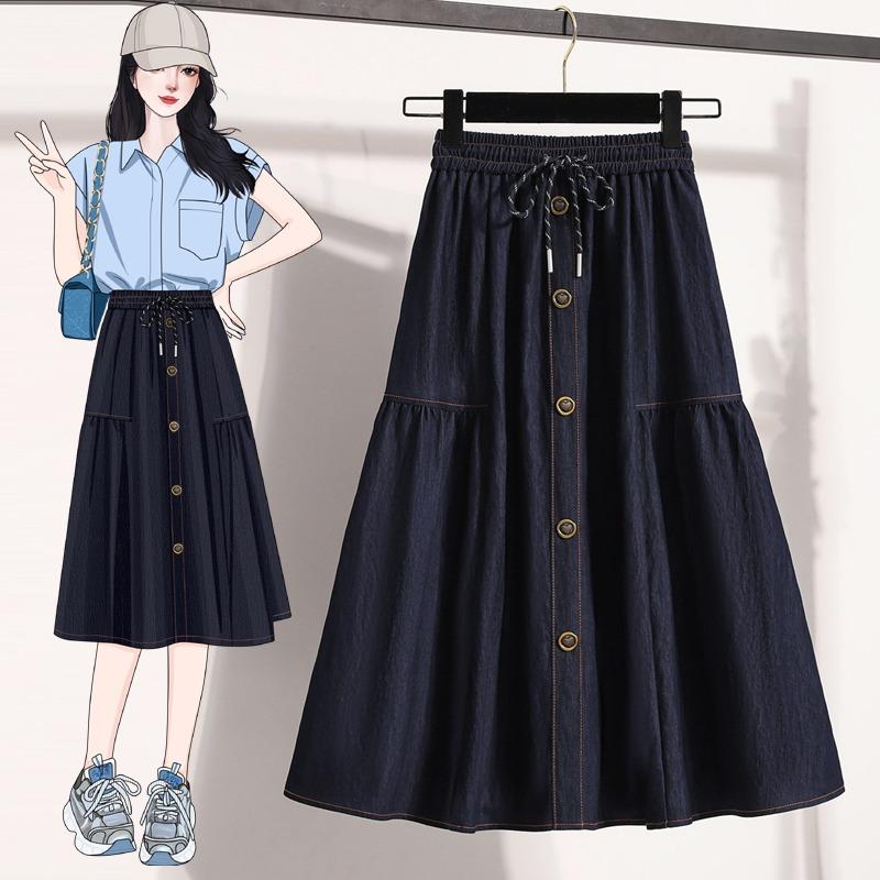 DIMANAF 2026 Plus Size Spring Summer Denim Skirts Women A-Line Clothing Pleated Fashion Jeans Skirt Button