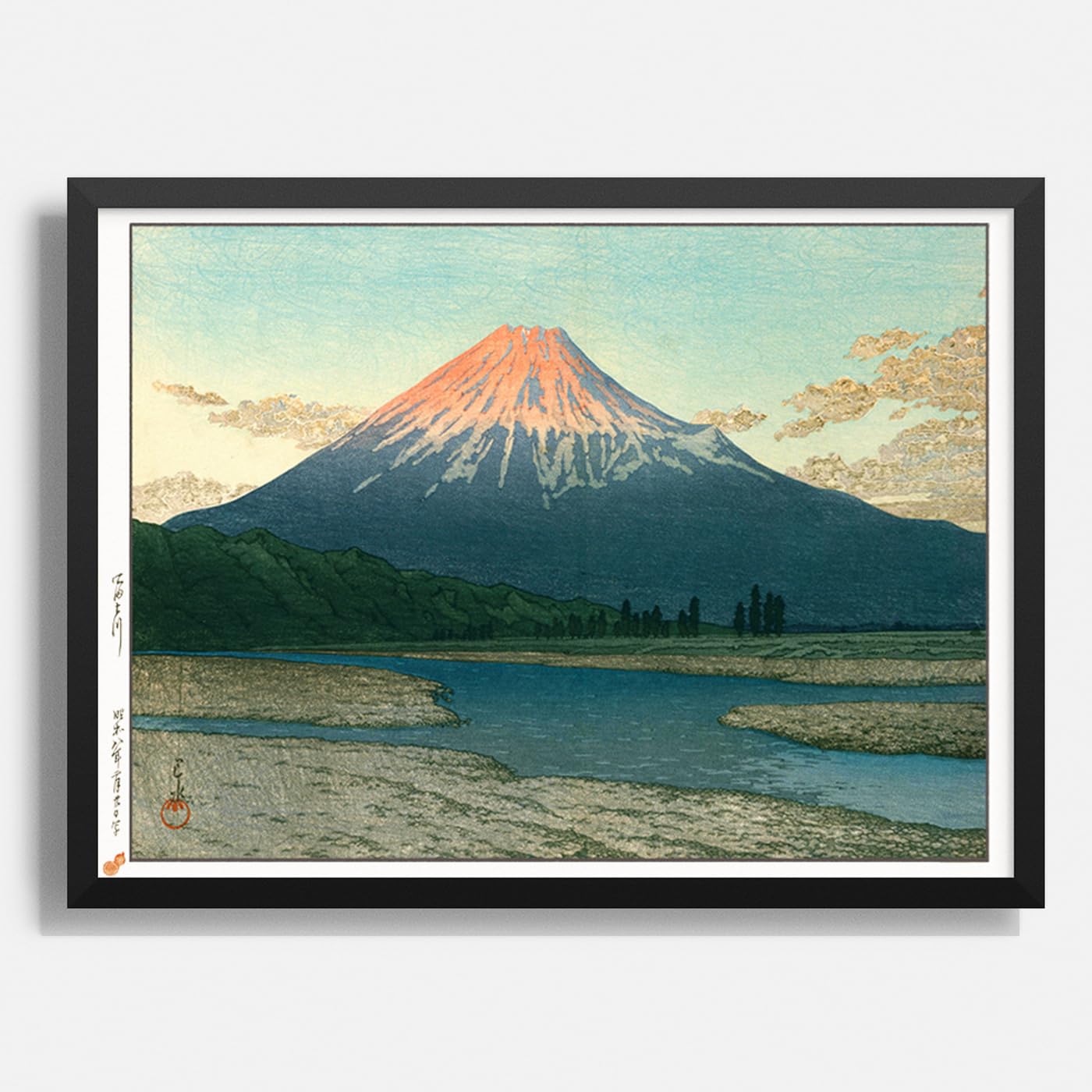 

Evening on the Fuji River Framed Woodblock Reproduction by Kawase Hasui (30x40cm) Made in Japan, Gallery-Quality Matte Paper Art Frame, Wall