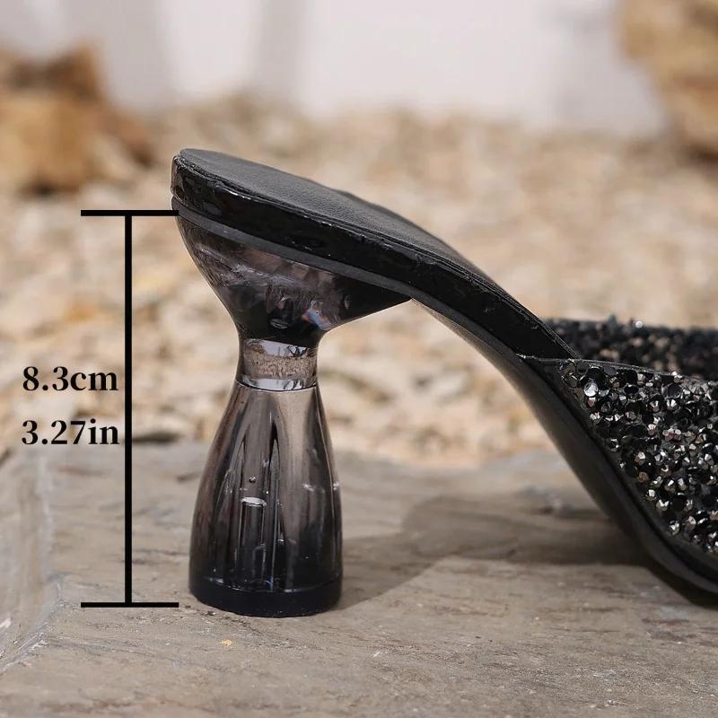 Fashion Banquet High-heeled Pointed Toe Slippers 2025 Summer Pointy Open Toe Sequin Set Foot Non-slip Transparent Heel Sandals