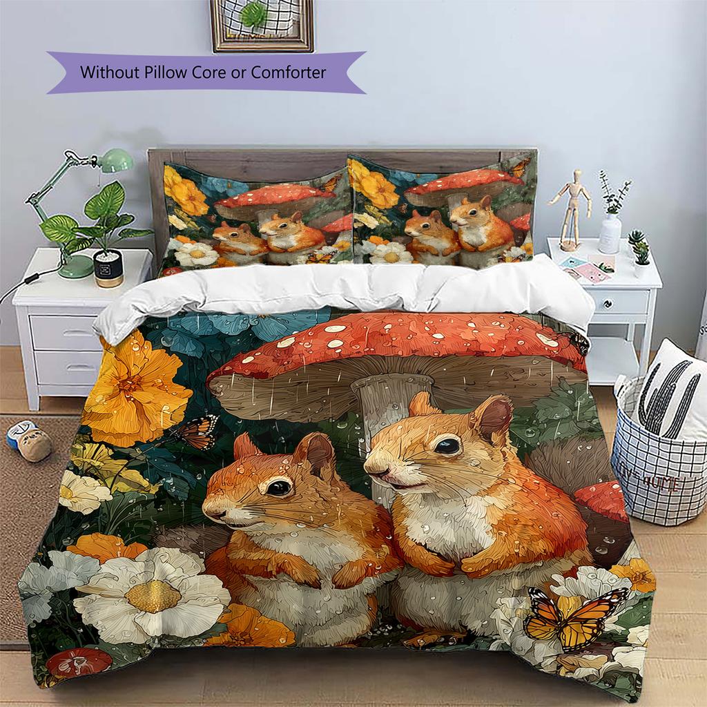 Mushroom Squirrel Pattern Bedding Quilt Set Quilt Cover Pillowcase Home Decoration Gift (1 * duvet cover + 2 * pillowcase, without core)