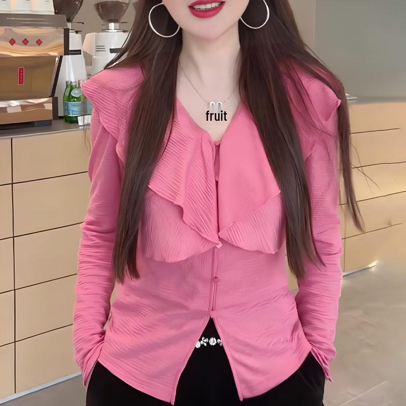 

Chic Pink Ruffle Top: Women s Slimming, Flattering, Versatile Long Sleeve for 2025 Early Autumn. XXL (suggested 130-145 lbs)