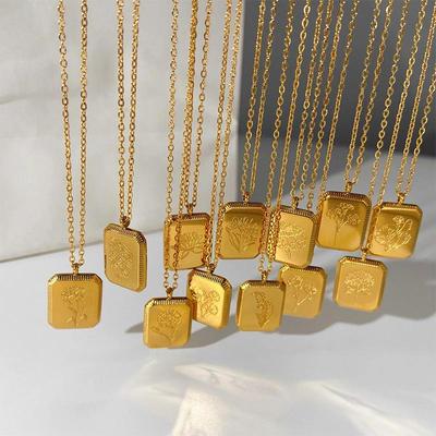 18K Gold-Tone Stainless Steel Birth Flower Necklace for Women - December Square Pendant