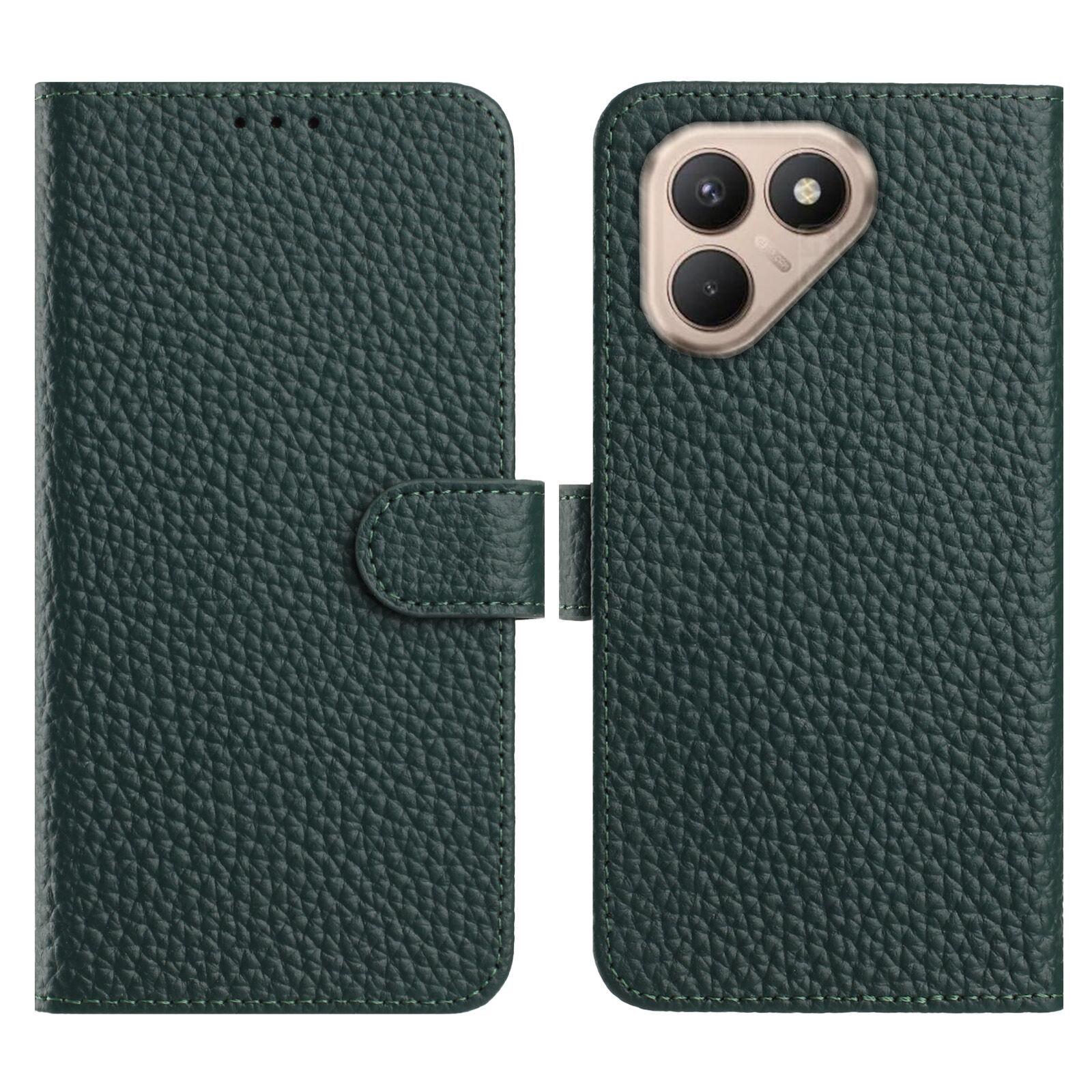 

For TECNO Pova 7 4G Case Wallet Stand Litchi Texture Genuine Cow Leather Flip Phone Cover Green