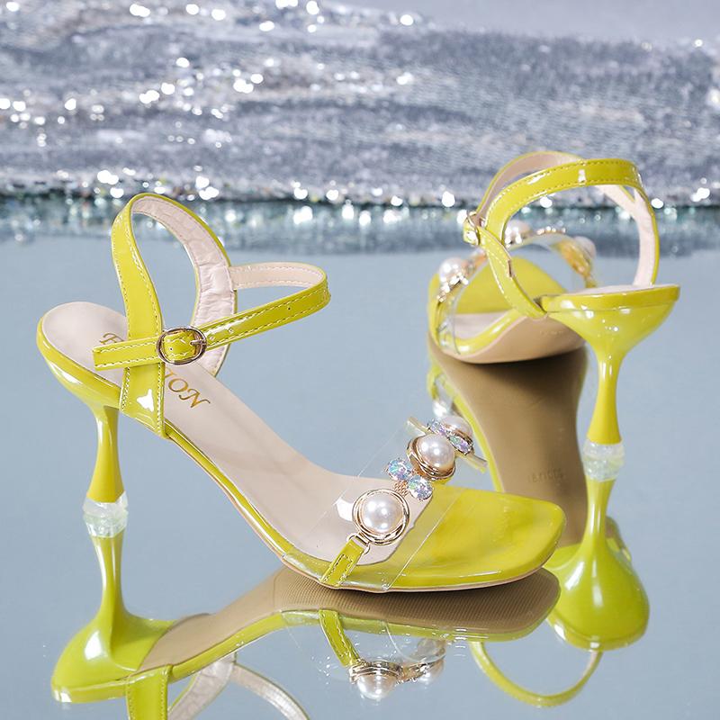 Aphixta 2025 New Summer 7.5cm Bling Thin Heels Women Sandals Luxury Diamonds Pearl Buckle Cool Ankle Strap Open Toe Blue Shoes