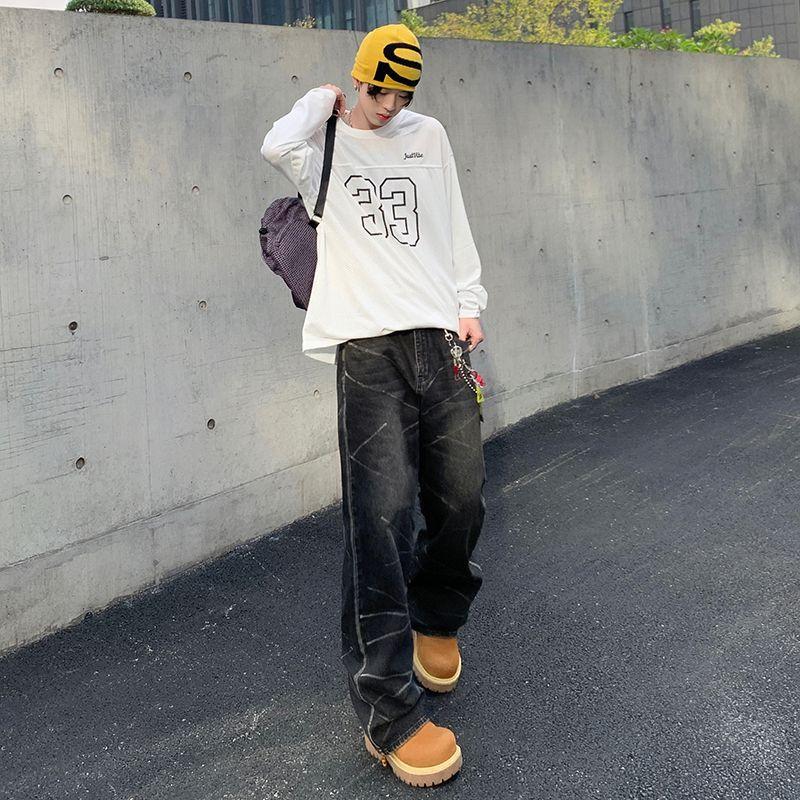American Street Jeans Men's Spring High Street Trend Brand Skinny Graffiti Art Loose Straight Pants
