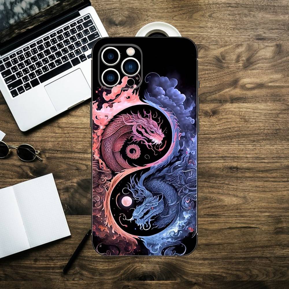 Japanese Art Dragon Yin Yang Phone Case For iPhone 16,15,14,13,12,11,XS,XR,X,8,7,Pro,Max,Plus,mini Silicone Black Cover