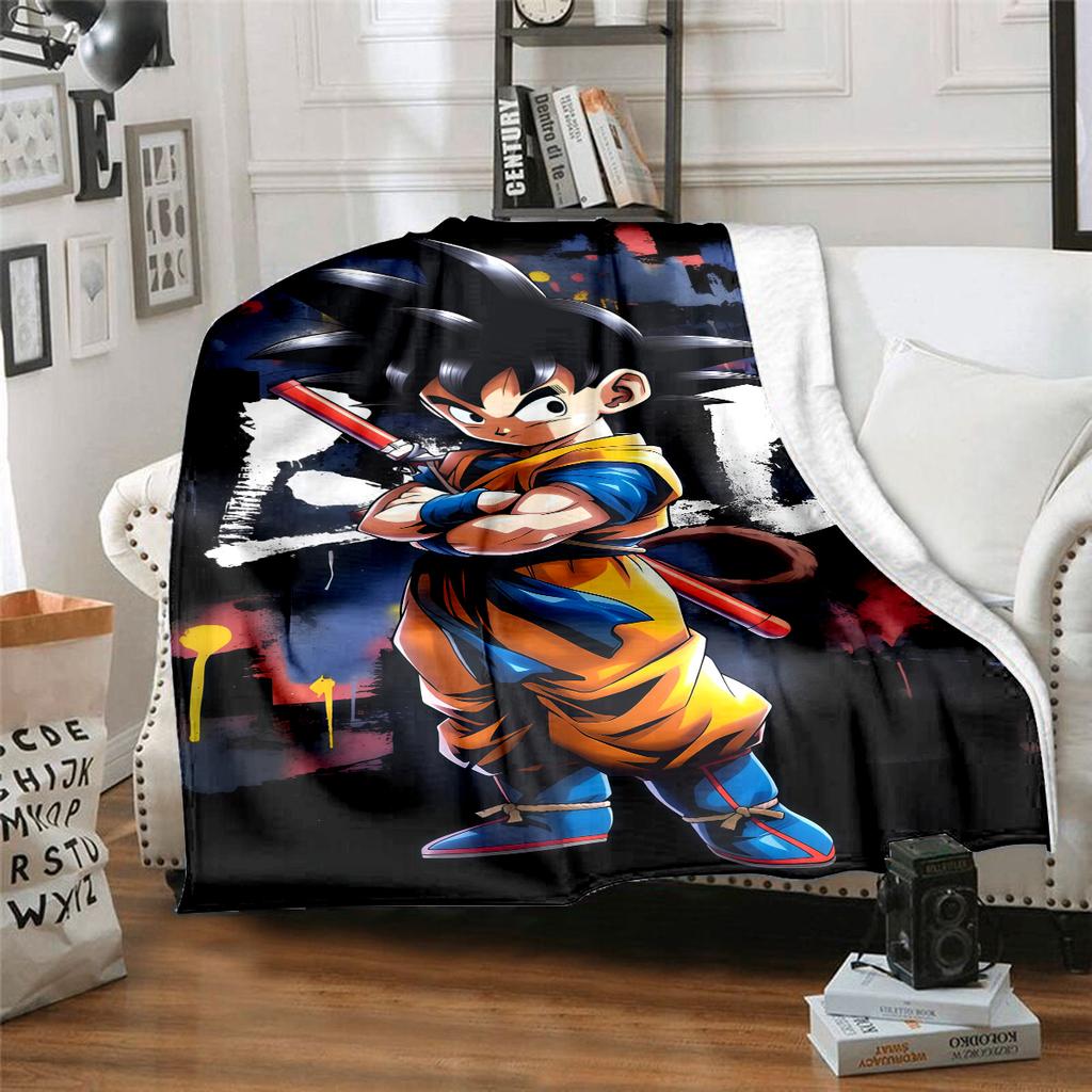 1PC Cartoon Son Goku Print Flannel Blanket, High quality All Seasons, Home Decor, Warmth and Comfort, Perfect for Christmas Gifts