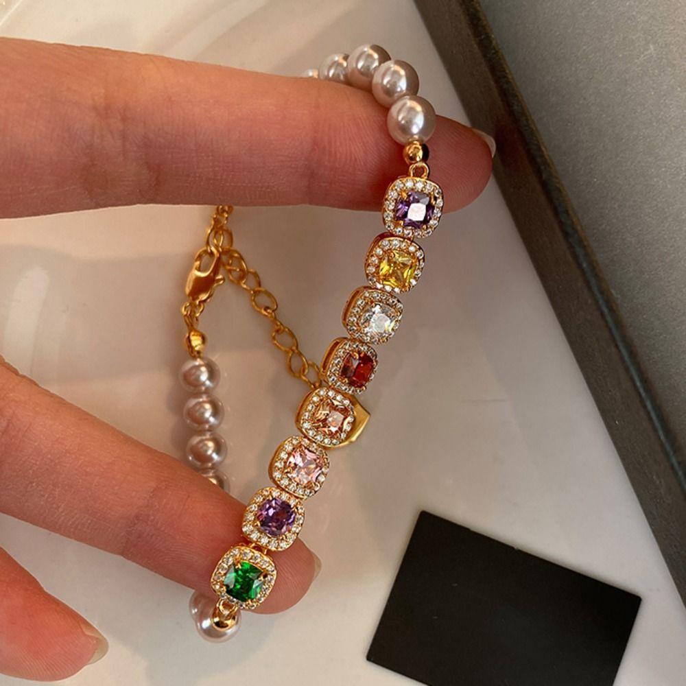 Ornaments Rainbow Rhinestone Bracelet Luxury Colored Zircon Bracelet Pearl Crystal Bracelet  Gifts