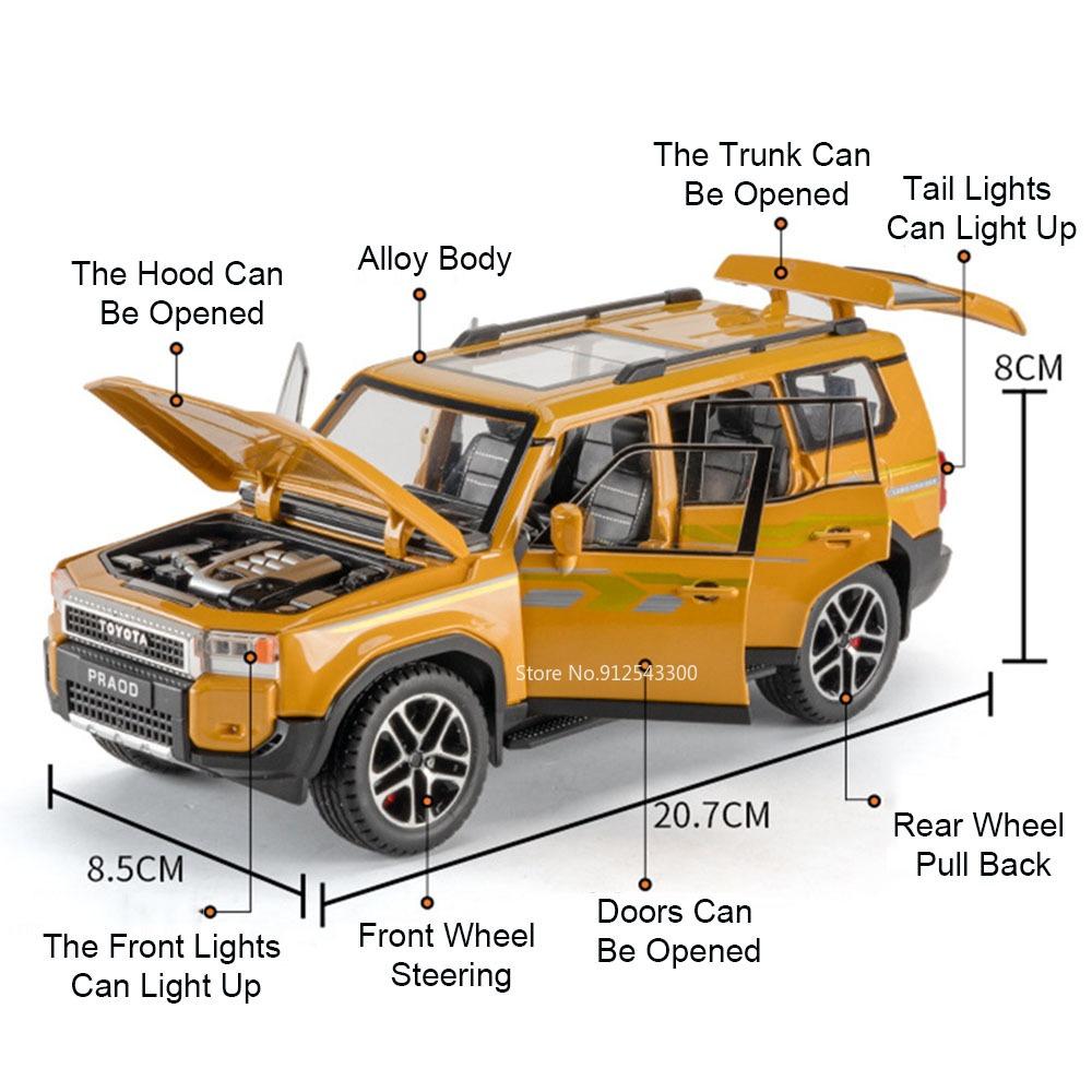 1:24 Land Cruiser Prado LC250 Model Car Toy Metal Diecast Doors Opened Off-road Vehicle Sound Light Pull Back Models for Boys